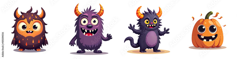A set of four cute cartoon monsters, including a furry monster with orange accents, a purple monster with large teeth, a black monster with horns, and a jack-o-lantern with a mischievous smile.