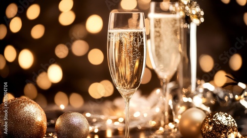 A detailed close-up of two champagne flutes filled with sparkling wine, surrounded by golden holiday decorations. Soft bokeh lights and a warm golden ambiance enhance the festive mood.. AI Generation