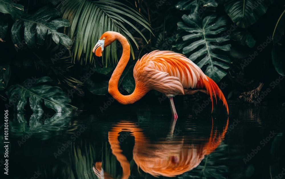 Fototapeta premium A vibrant flamingo stands gracefully in a serene pond, surrounded by lush tropical foliage, reflecting its beauty in the water.