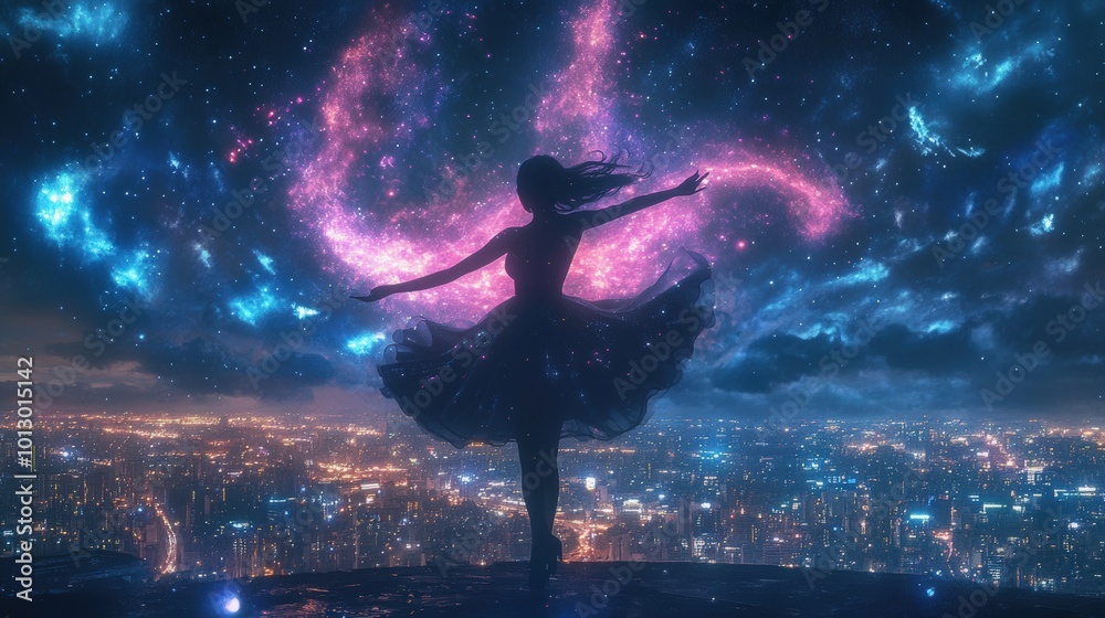 A magical girl in full transformation pose, but in a realistic setting, with the night sky sparkling behind her and the city’s lights shimmering below A magical girl in full transformation pose, but in a realistic setting, with the night sky sparkling behind her and the city’s lights shimmering below