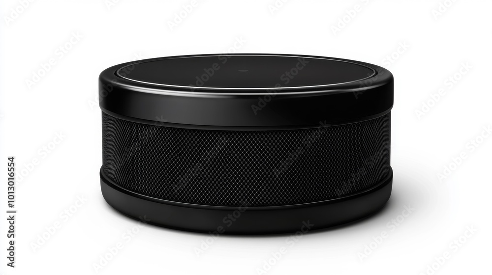 Compact black Bluetooth speaker on a white background showcasing a sleek modern design with mesh details. Ideal for tech and music themes. Generative AI Compact black Bluetooth speaker on a white background showcasing a sleek modern design with mesh details. Ideal for tech and music themes. Generative AI