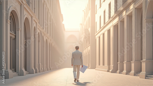 Happy young architect walking down the street with new project in hands