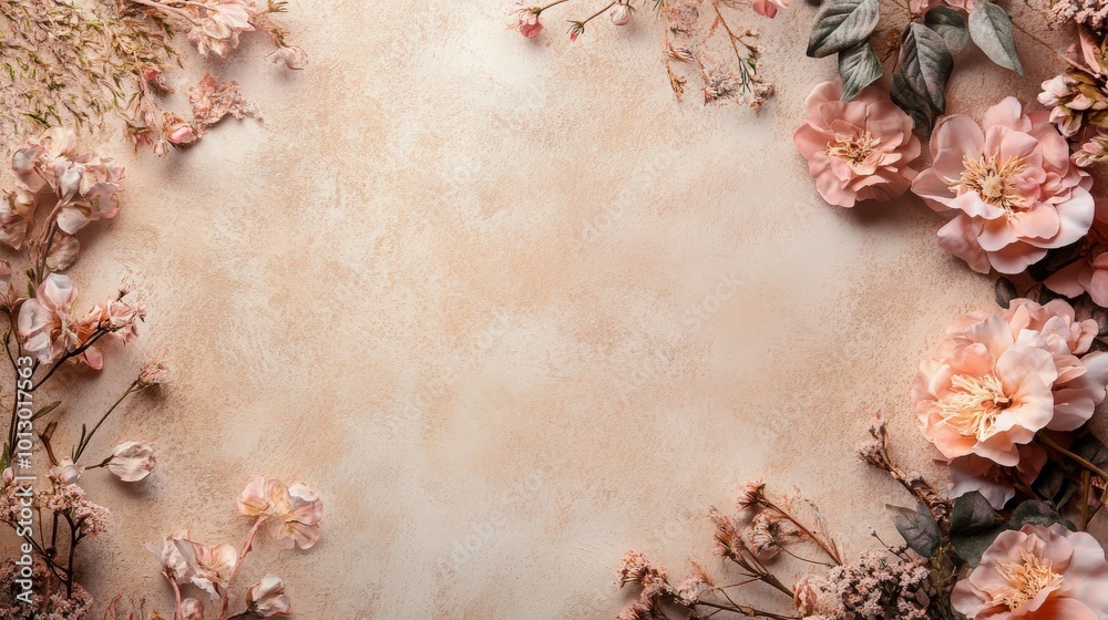 A boho-styled beige background with ornamented pastel flowers and copyspace on the right A boho-styled beige background with ornamented pastel flowers and copyspace on the right