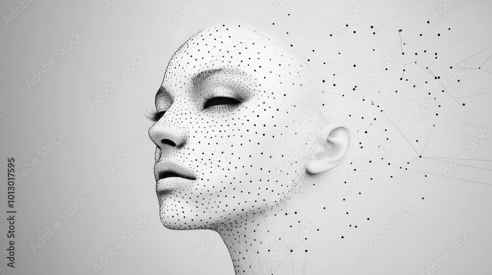A modern design for a poster featuring a 3D wireframe face. This futuristic design uses dots and lines to represent facial recognition technology.low poly wireframe. A modern design for a poster featuring a 3D wireframe face. This futuristic design uses dots and lines to represent facial recognition technology.low poly wireframe.
