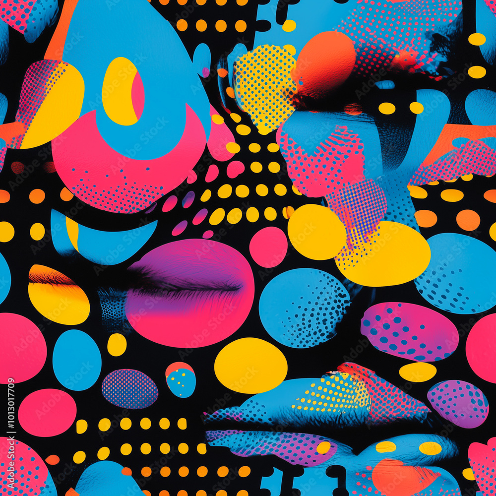 A vibrant pop art-inspired seamless pattern combining abstract facial elements A vibrant pop art-inspired seamless pattern combining abstract facial elements