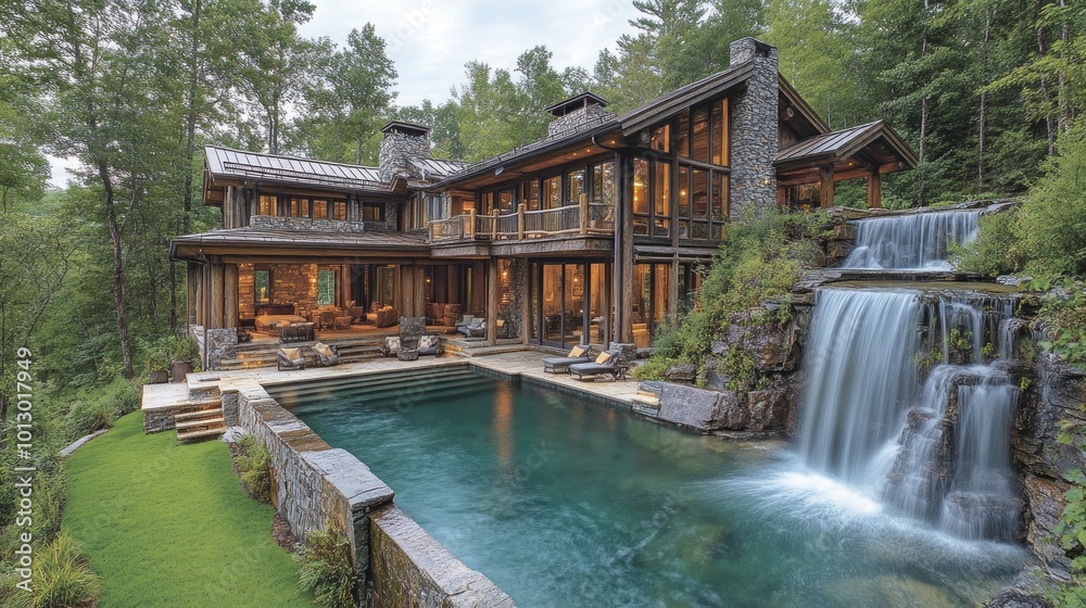 A large house with a pool and a waterfall A large house with a pool and a waterfall