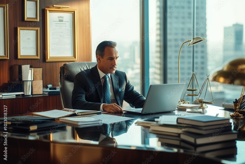 A lawyer sits at a polished desk, focused on his laptop while consulting with a client in a well-lit, contemporary office. Generative AI A lawyer sits at a polished desk, focused on his laptop while consulting with a client in a well-lit, contemporary office. Generative AI