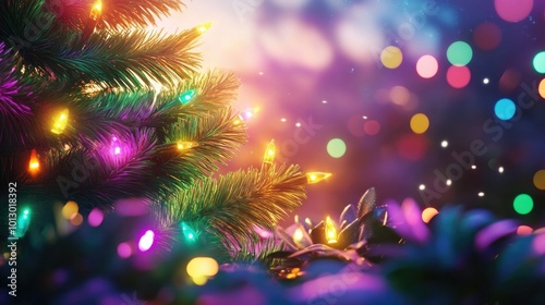 Colorful christmas tree with festive lights and decorations for holiday celebration