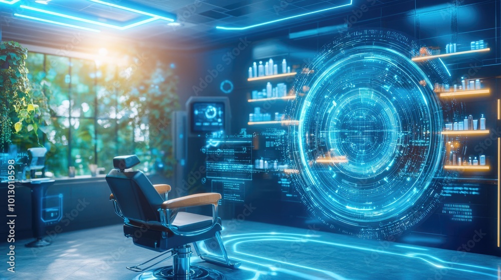 Futuristic cosmetology salon with advanced technology and interactive displays Futuristic cosmetology salon with advanced technology and interactive displays