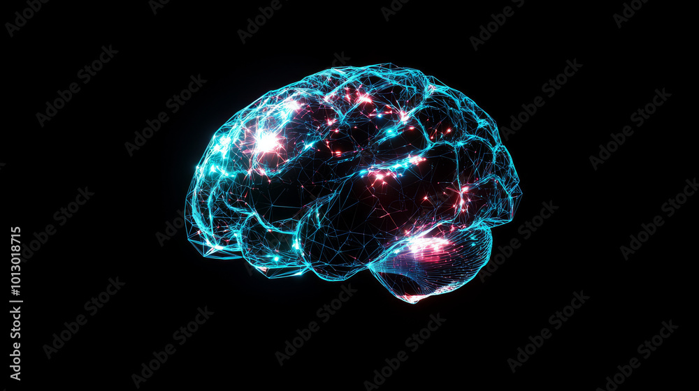 A human brain made up of geometric shapes, with bright spots where the ...