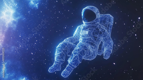 An astronaut made of geometric shapes floats in space. The background is a dark, starry night with a blue, pixelated look. The image suggests a futuristic and technological theme, possibly about UFOs. photo