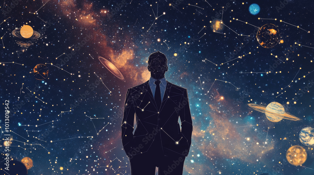 A businessman in a suit is shown as a starry sky, made up of dots, lines, and shapes like planets, stars, and galaxies. This is a modern business design idea.low poly wireframe. A businessman in a suit is shown as a starry sky, made up of dots, lines, and shapes like planets, stars, and galaxies. This is a modern business design idea.low poly wireframe.