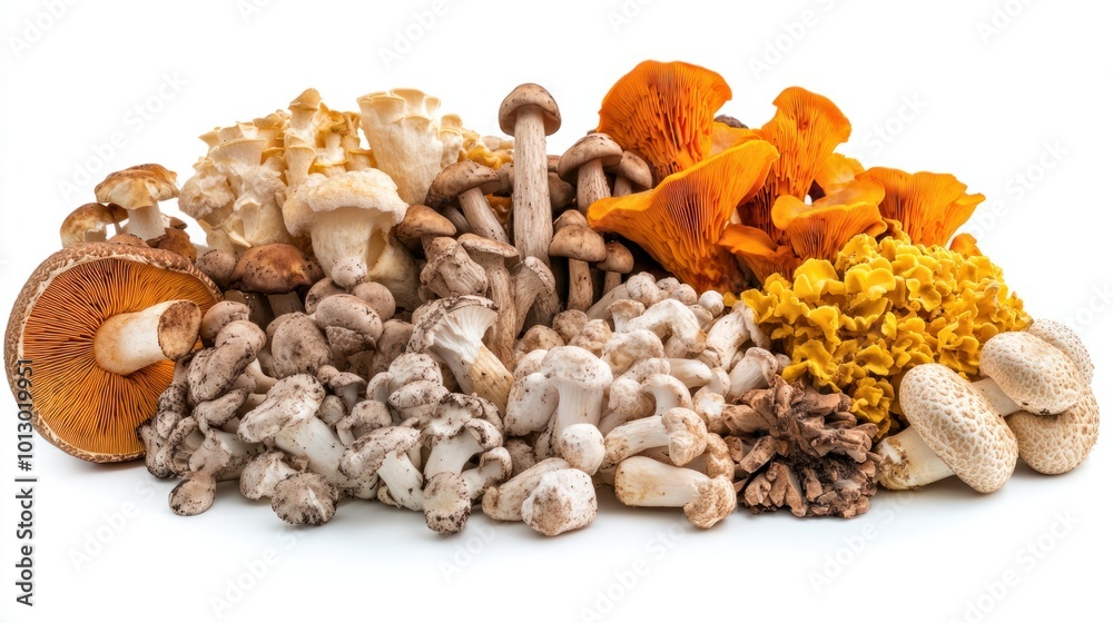 A vibrant assortment of wild mushrooms with different shapes and textures, isolated on white A vibrant assortment of wild mushrooms with different shapes and textures, isolated on white
