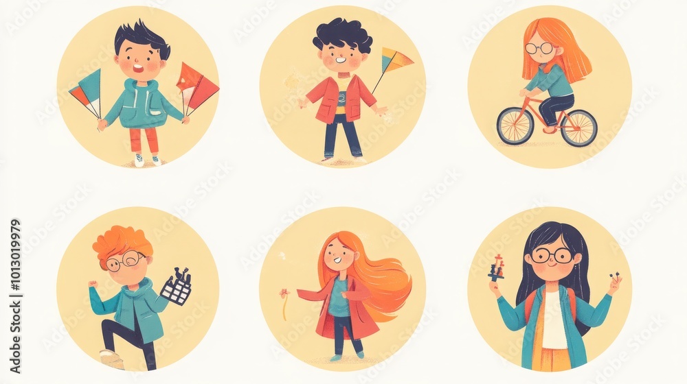 a set of illustrated avatars in circular frames showcasing diverse cousins. One cousin holds a kite ready to fly, another has long straight hair and a playful expression a set of illustrated avatars in circular frames showcasing diverse cousins. One cousin holds a kite ready to fly, another has long straight hair and a playful expression