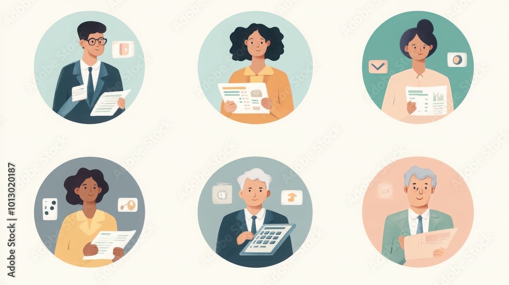 a set of illustrated avatars in circular frames showcasing diverse CFOs. One CFO wears a suit holding financial statements a set of illustrated avatars in circular frames showcasing diverse CFOs. One CFO wears a suit holding financial statements