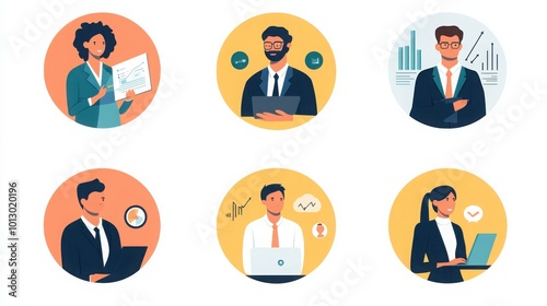 a set of illustrated avatars in circular frames showcasing diverse business development managers. One manager wears a suit holding a market analysis, another has short straight hair 