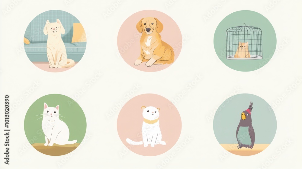 a set of illustrated avatars in circular frames showcasing diverse family pets. One family pet is a golden retriever sitting patiently a set of illustrated avatars in circular frames showcasing diverse family pets. One family pet is a golden retriever sitting patiently