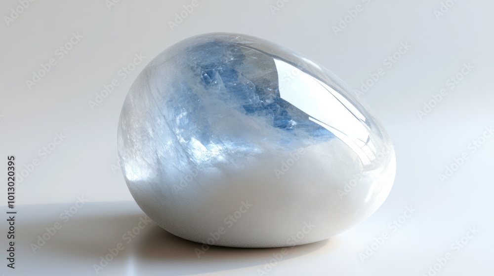 A polished moonstone gemstone, with soft blue and white hues glowing under light A polished moonstone gemstone, with soft blue and white hues glowing under light
