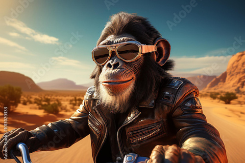 Affe mit Spnnenbrille auf dem Motorraf fährt durch die Wüste