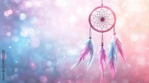 A colorful dream catcher with delicate feathers, set against a soft, dreamy bokeh background of pastel hues. photo