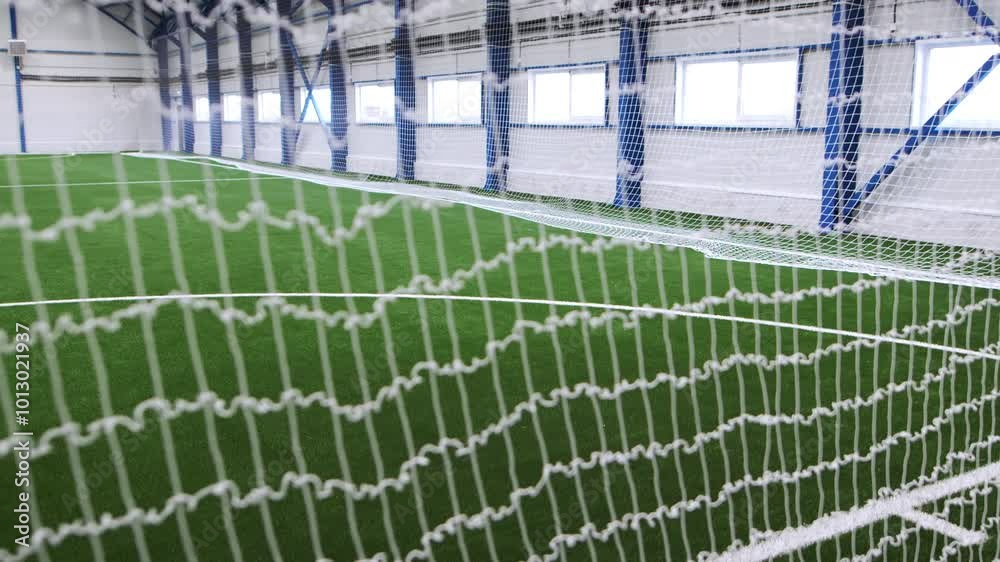 Glimpse of indoor soccer pitch with dense fake grass through football goal net. Premium ground suited for energetic leisure activities Glimpse of indoor soccer pitch with dense fake grass through football goal net. Premium ground suited for energetic leisure activities