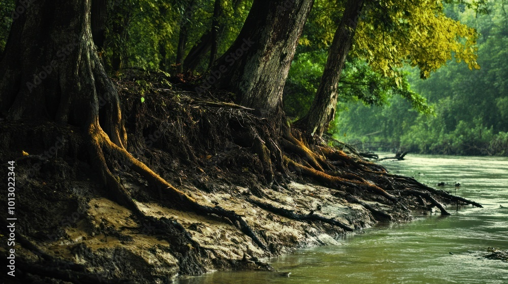 Fototapeta premium A riverbank eroded by strong currents, exposing tree roots and eroding soil into the water