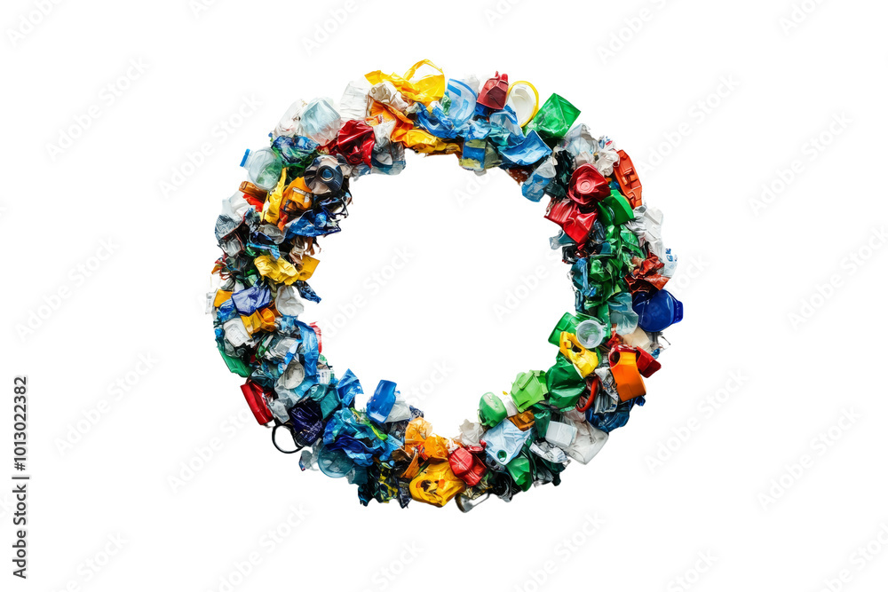 A circular arrangement of colorful recycled plastic waste, highlighting sustainability efforts and environmental awareness. A circular arrangement of colorful recycled plastic waste, highlighting sustainability efforts and environmental awareness.