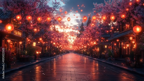 Serene street adorned with lanterns and cherry blossoms at dusk.