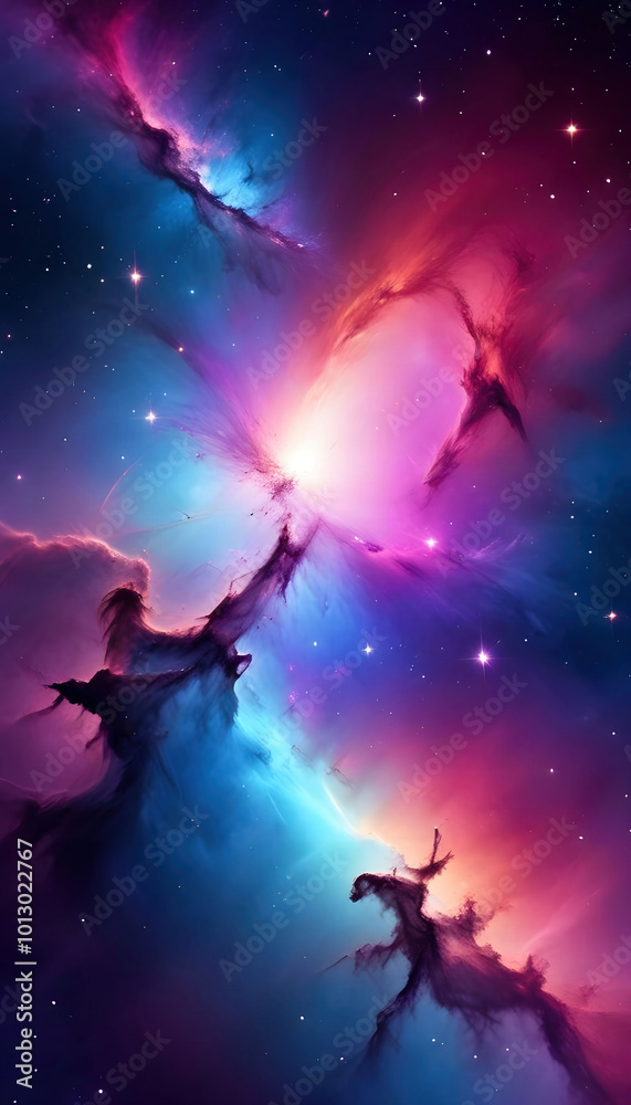 Naklejka premium A phone wallpaper featuring a distant galaxy with vibrant colors and swirling stars, perfect for astronomy lovers and anyone who appreciates the beauty of the cosmos.