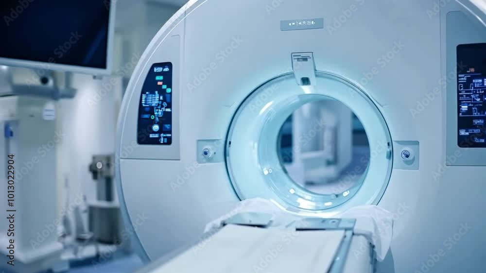A close-up view of a medical MRI machine, highlighting its design and purpose for diagnostic imaging. A close-up view of a medical MRI machine, highlighting its design and purpose for diagnostic imaging.