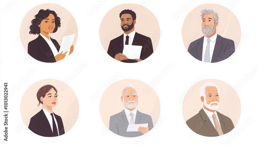 a set of illustrated avatars in circular frames showcasing diverse CEOs. One CEO wears a suit holding a speech paper, another has short wavy hair and a serious expression a set of illustrated avatars in circular frames showcasing diverse CEOs. One CEO wears a suit holding a speech paper, another has short wavy hair and a serious expression