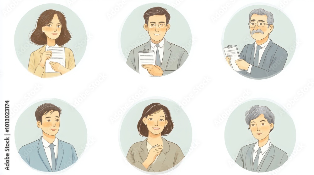 a set of illustrated avatars in circular frames showcasing diverse public relations managers. One manager wears business attire holding a press release a set of illustrated avatars in circular frames showcasing diverse public relations managers. One manager wears business attire holding a press release