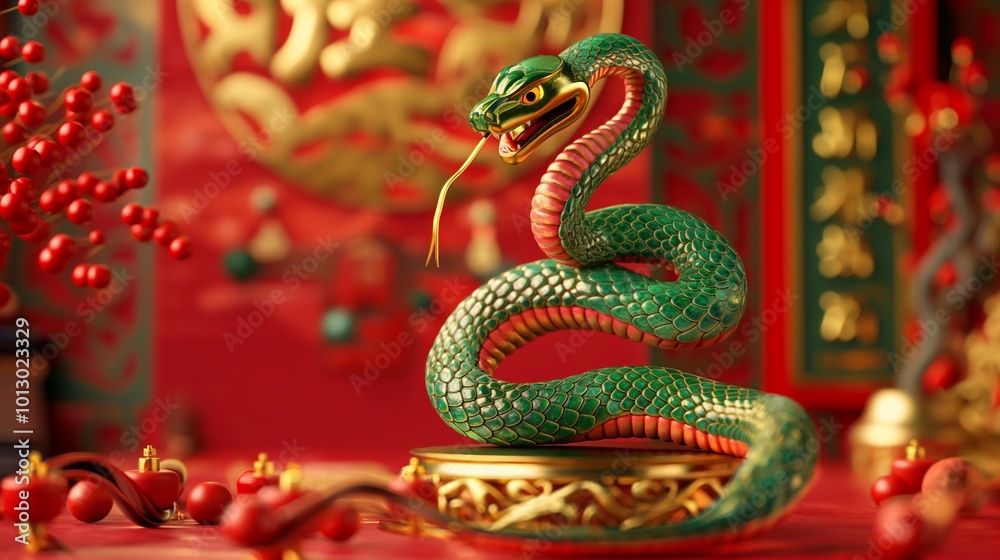 Green snake standing on golden pedestal with red background, surrounded by red berries and golden decorations, celebrating Chinese new year, astrology horoscope, background with copy space Green snake standing on golden pedestal with red background, surrounded by red berries and golden decorations, celebrating Chinese new year, astrology horoscope, background with copy space