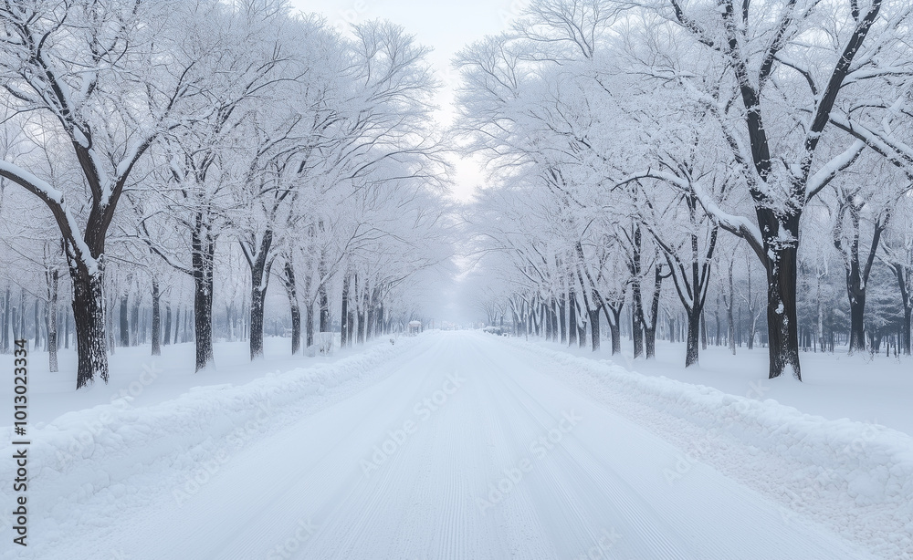 tree-lined avenue covered in snow generated by AI tree-lined avenue covered in snow generated by AI