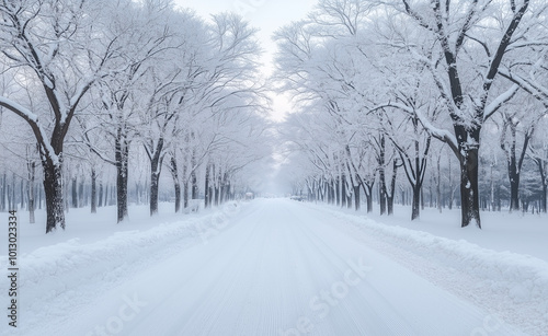 tree-lined avenue covered in snow generated by AI