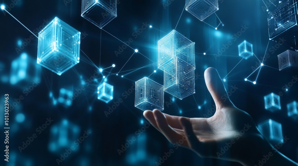 A hand reaches out to touch a digital blockchain icon, represented by connected cubes. This futuristic scene suggests the interaction between humans and the metaverse, a world of digital technology. A hand reaches out to touch a digital blockchain icon, represented by connected cubes. This futuristic scene suggests the interaction between humans and the metaverse, a world of digital technology.