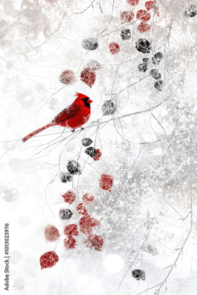A cardinal bird gracefully perched on a snow-covered branch, showcasing vibrant red feathers and exquisite textures against a serene winter backdrop A cardinal bird gracefully perched on a snow-covered branch, showcasing vibrant red feathers and exquisite textures against a serene winter backdrop