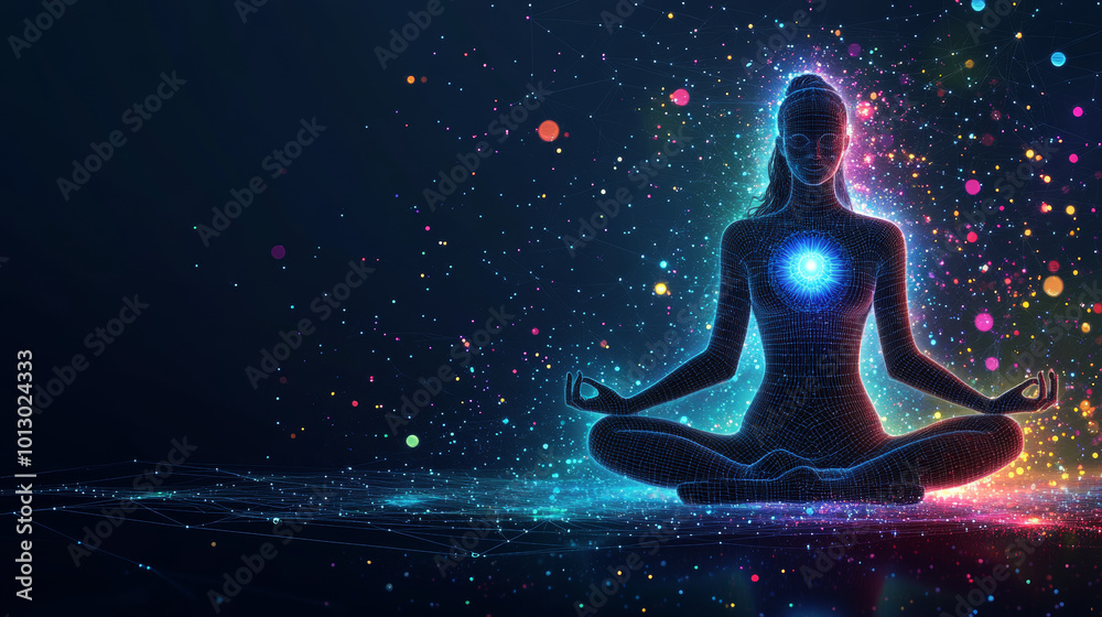 A young woman sits in a relaxed yoga pose, meditating. This colorful digital illustration shows the energy centers of the body, or chakras, using a wireframe style with connected dots and lines. A young woman sits in a relaxed yoga pose, meditating. This colorful digital illustration shows the energy centers of the body, or chakras, using a wireframe style with connected dots and lines.
