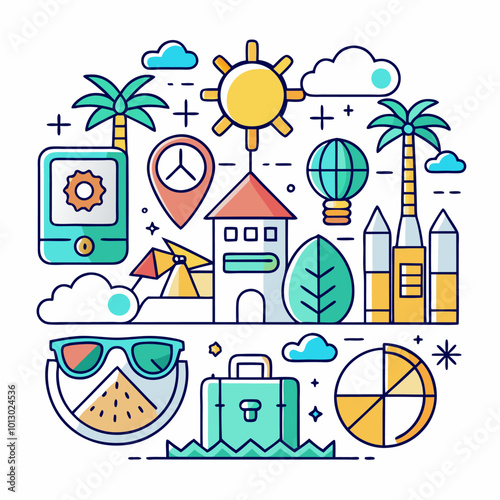 Un dibujo de un complejo turístico de playa con palmeras y un fondo azul