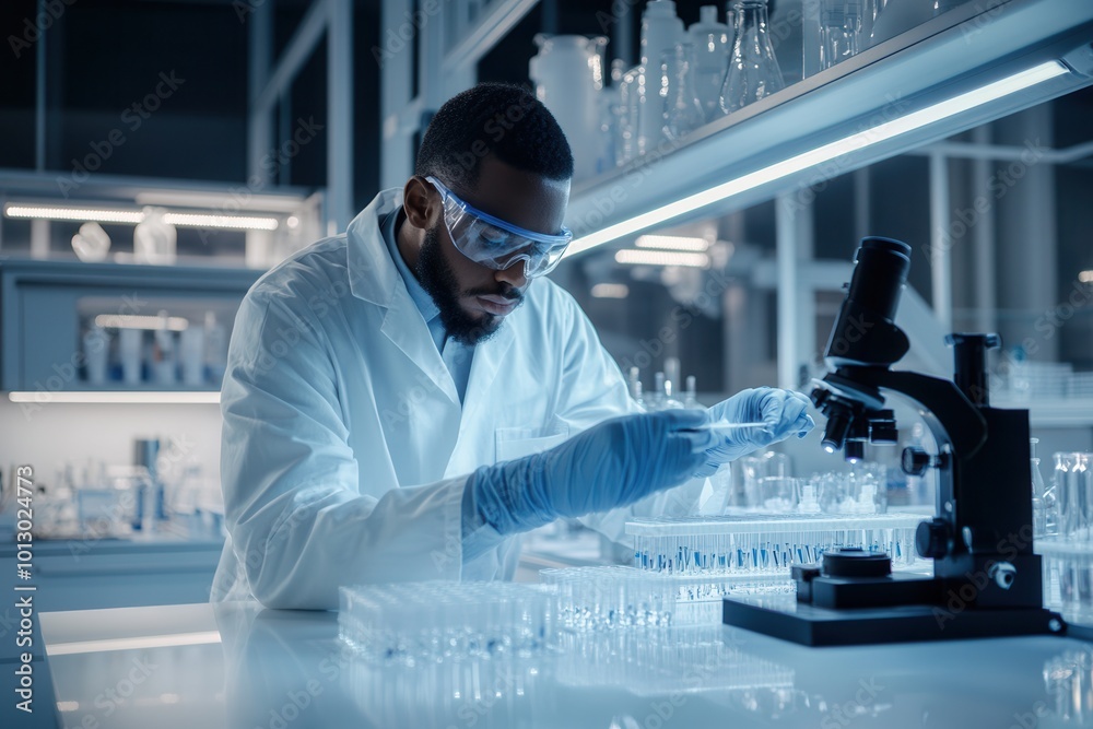 A scientist in a lab coat carefully manipulates test tubes and samples under bright lights, focused on his research in the laboratory. Generative AI A scientist in a lab coat carefully manipulates test tubes and samples under bright lights, focused on his research in the laboratory. Generative AI