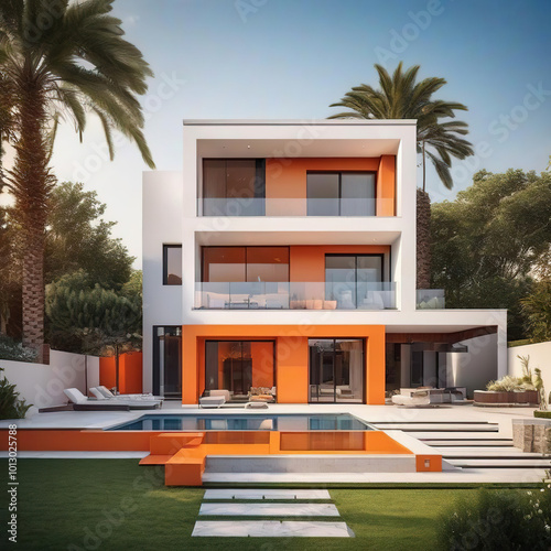 Modern luxury villa exterior in minimal scandinavian style, orange colors