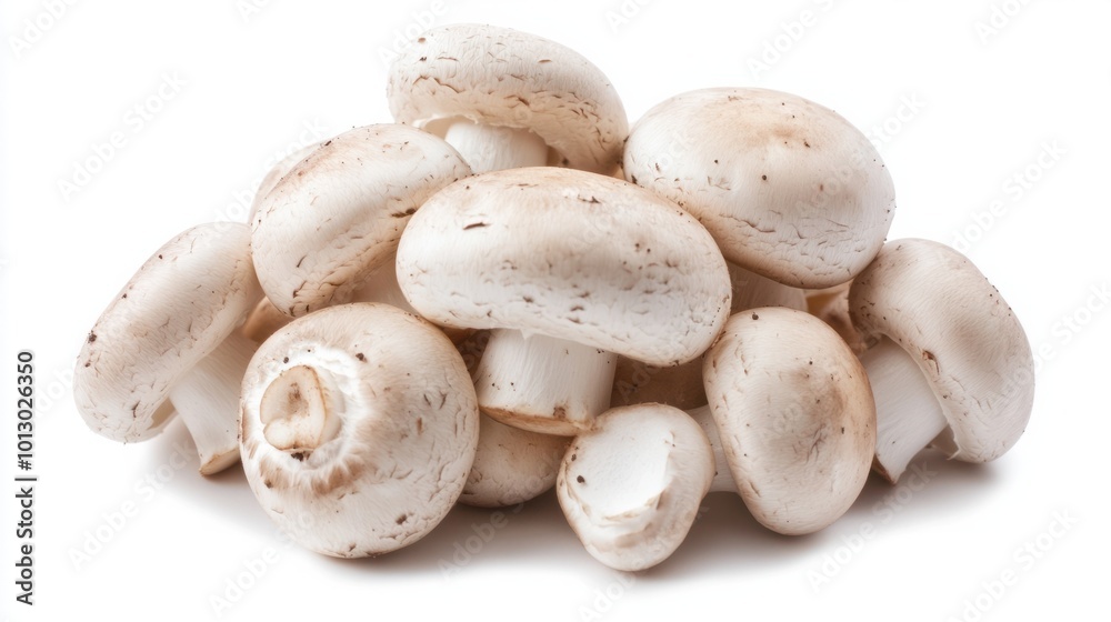 Fresh button mushrooms with smooth white caps and firm stems, displayed naturally, isolated on white Fresh button mushrooms with smooth white caps and firm stems, displayed naturally, isolated on white