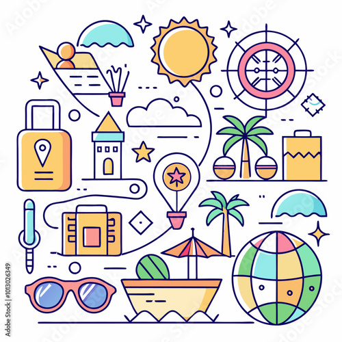 Un dibujo de un complejo turístico de playa con palmeras y un fondo azul