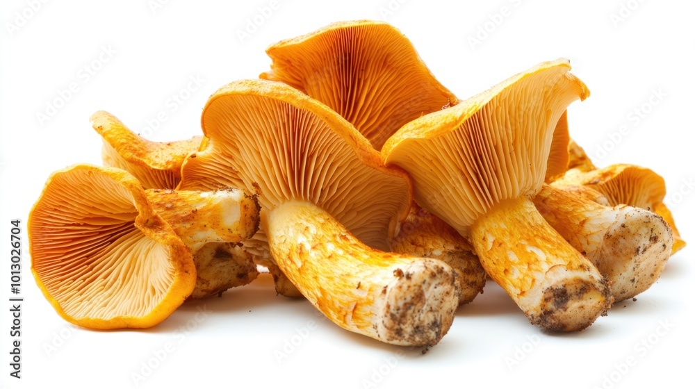 Fresh chanterelle mushrooms with golden caps, displayed in a natural cluster, isolated on white Fresh chanterelle mushrooms with golden caps, displayed in a natural cluster, isolated on white