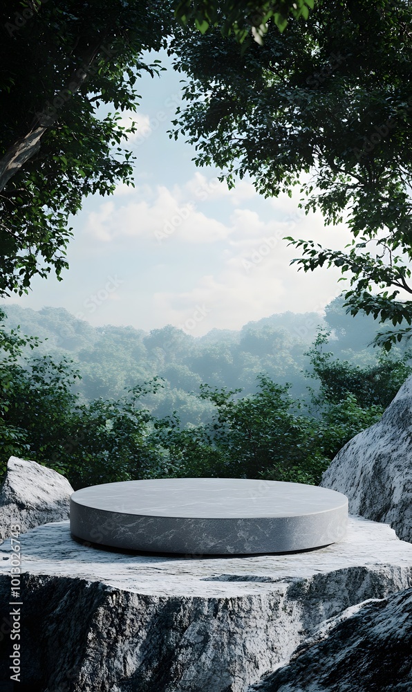 9. A clean and modern depiction of a gray stone podium resting on a rugged rock platform, surrounded by a rich green forest and soft blue sky, providing a serene setting for product presentation
