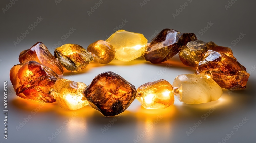 A string of polished amber gemstones, glowing in warm shades of orange and gold A string of polished amber gemstones, glowing in warm shades of orange and gold