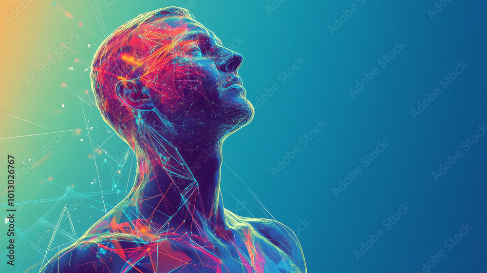 A digital image of a man's upper body, made up of colorful geometric shapes and lines, against a blue background. This represents a modern approach to health and medicine.low poly wireframe. A digital image of a man's upper body, made up of colorful geometric shapes and lines, against a blue background. This represents a modern approach to health and medicine.low poly wireframe.