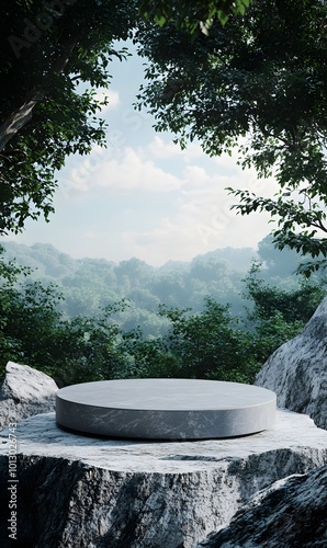 Obraz na płótnie 9. A clean and modern depiction of a gray stone podium resting on a rugged rock platform, surrounded by a rich green forest and soft blue sky, providing a serene setting for product presentation w salonie