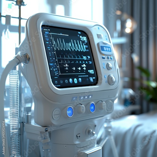 Close-up of a modern medical ventilator displaying vital signs in a hospital setting, showcasing advanced healthcare technology.