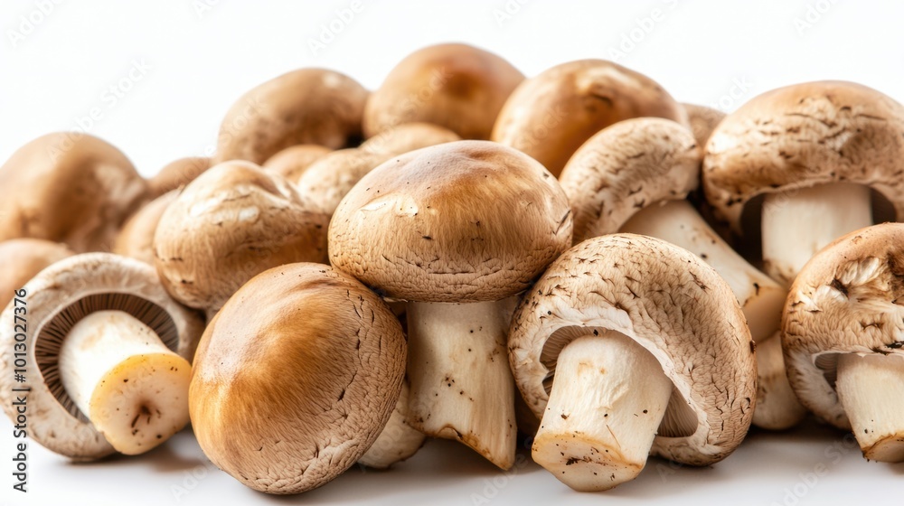 Fresh cremini mushrooms with round brown caps and smooth texture, isolated on a white background Fresh cremini mushrooms with round brown caps and smooth texture, isolated on a white background